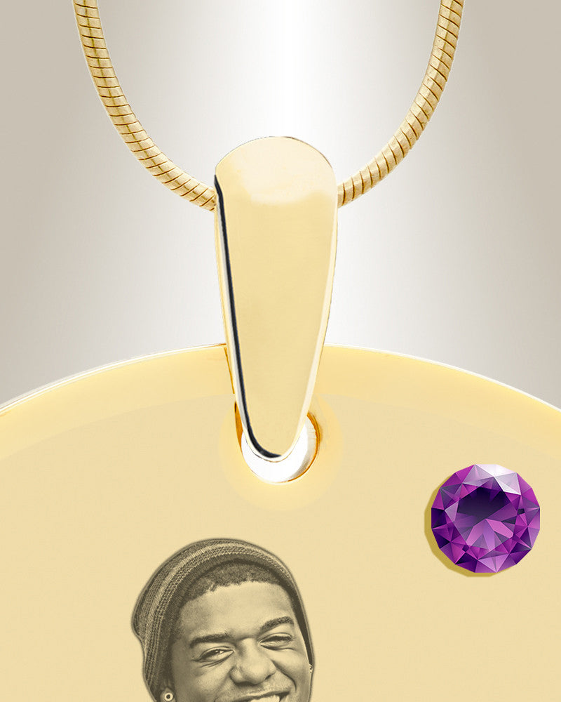 Birthstone Large Dog Tag February Photo Engraved Gold Plated over Stainless Keepsake