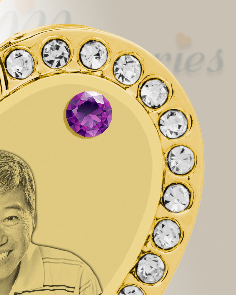 Birthstone Gem Heart February Photo Engraved Gold Plated over Stainless Keepsake