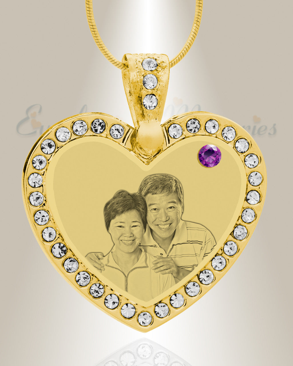 Birthstone Gem Heart February Photo Engraved Gold Plated over Stainless Keepsake