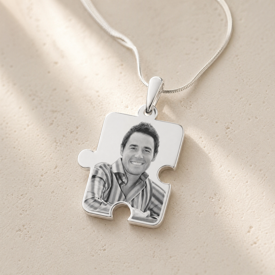 Large Puzzle Piece Photo Engraved Silver Keepsake