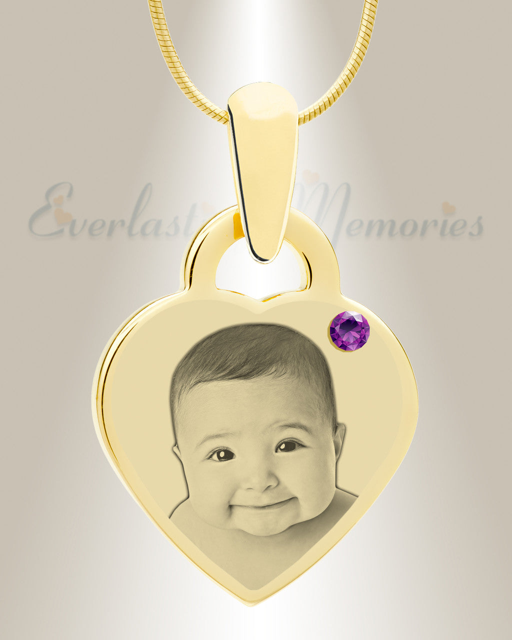 Birthstone Small Heart February Photo Engraved Gold Plated over Stainless Keepsake