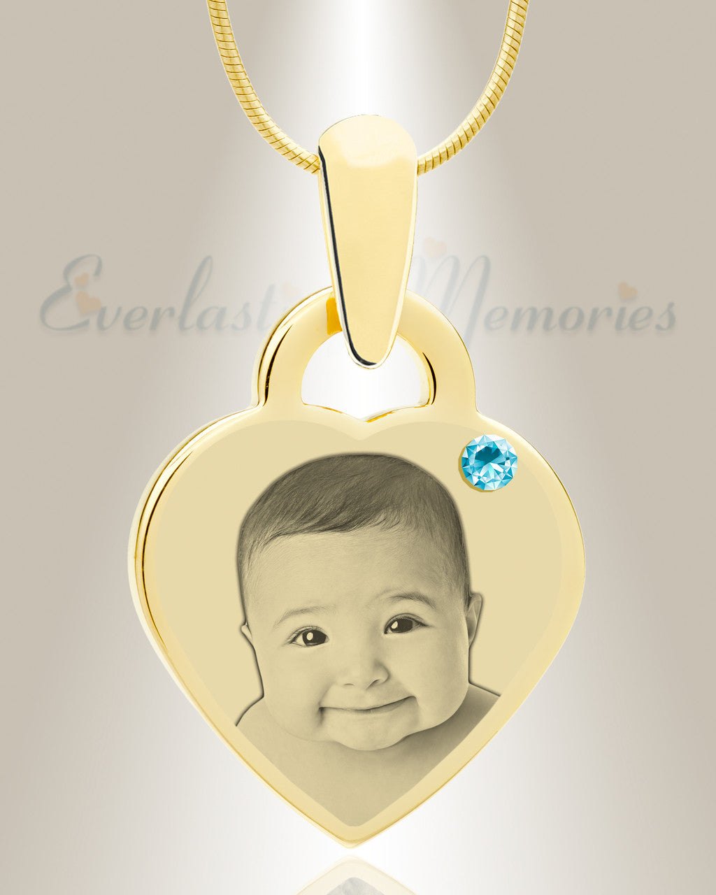 Birthstone Small Heart March Photo Engraved Gold Plated over Stainless Keepsake