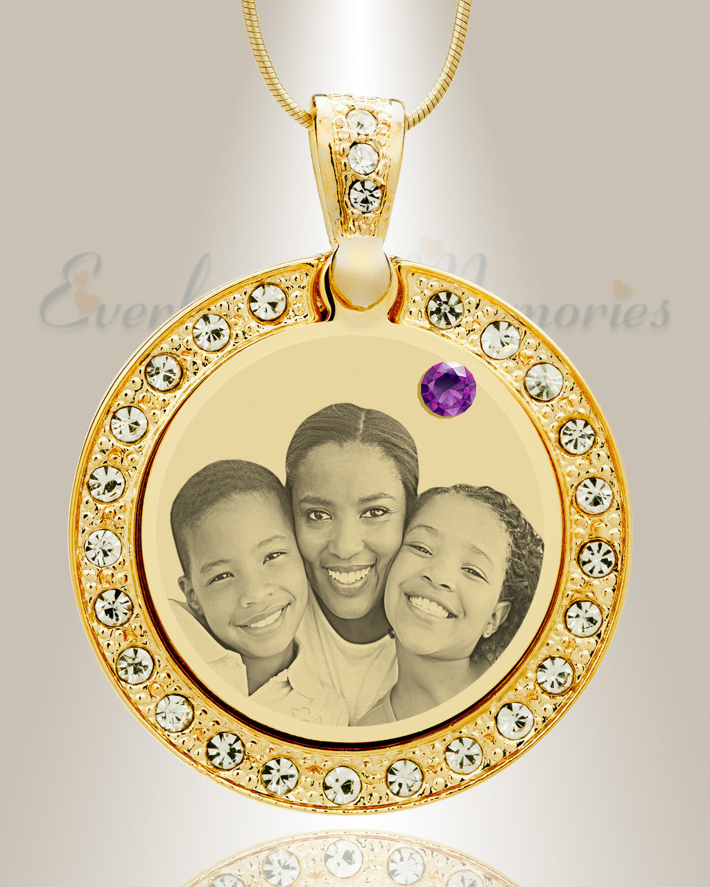 Birthstone Gem Circle February Photo Engraved Gold Plated over Stainless Keepsake