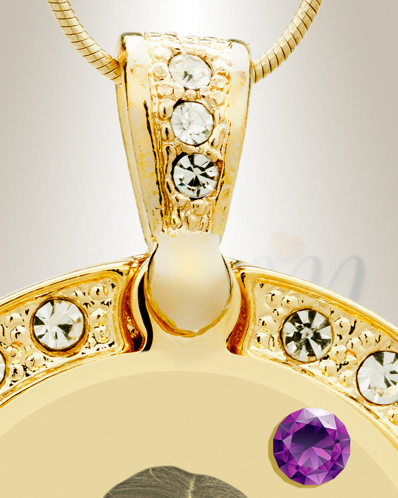 Birthstone Gem Circle February Photo Engraved Gold Plated over Stainless Keepsake