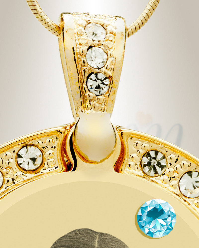Birthstone Gem Circle March Photo Engraved Gold Plated over Stainless Keepsake