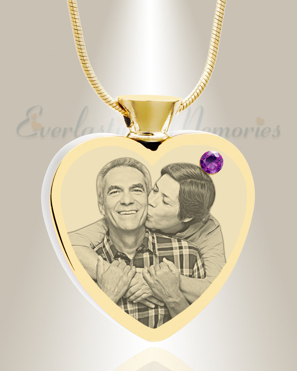 February Birthstone Heart Gold Plated Photo Engraved Ash Pendant
