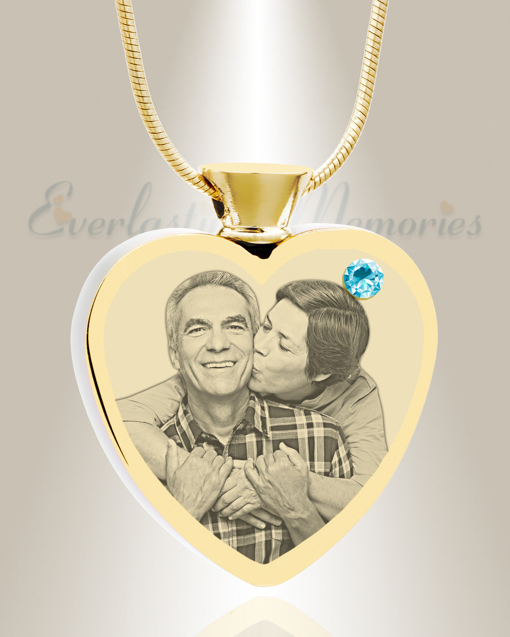 March Birthstone Heart Gold Plated Photo Engraved Ash Pendant