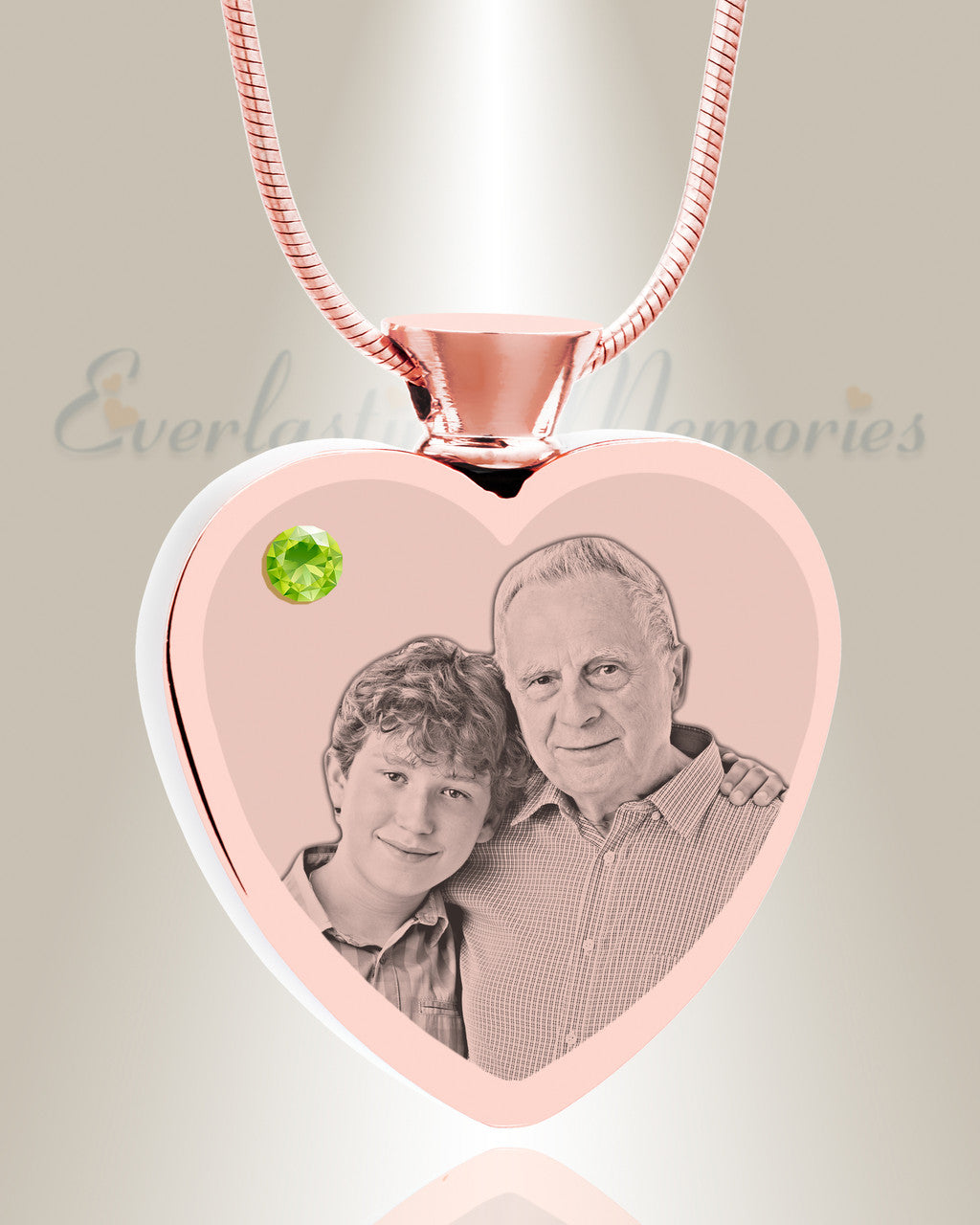 August Birthstone Heart Rose Gold Plated Picture Engraved Ash Pendant