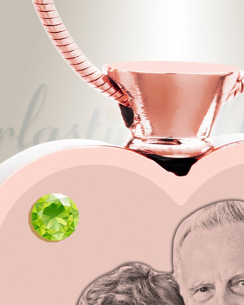 August Birthstone Heart Rose Gold Plated Picture Engraved Ash Pendant