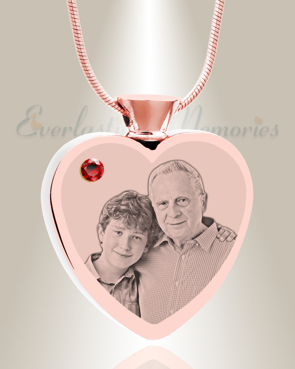January Birthstone Heart Rose Gold Plated Picture Engraved Ash Pendant