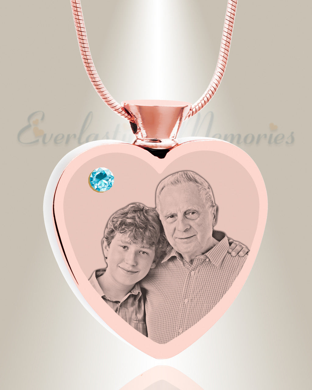 March Birthstone Heart Rose Gold Plated Picture Engraved Ash Pendant