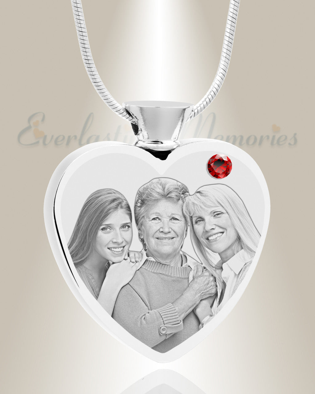 January Birthstone Heart Stainless Steel Picture Engraved Ash Pendant