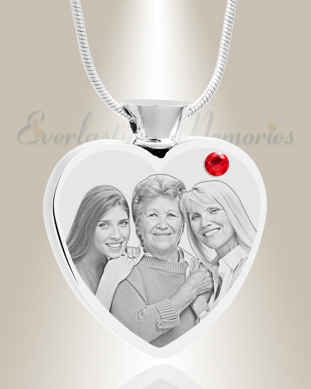 July Birthstone Heart Stainless Steel Picture Engraved Ash Pendant
