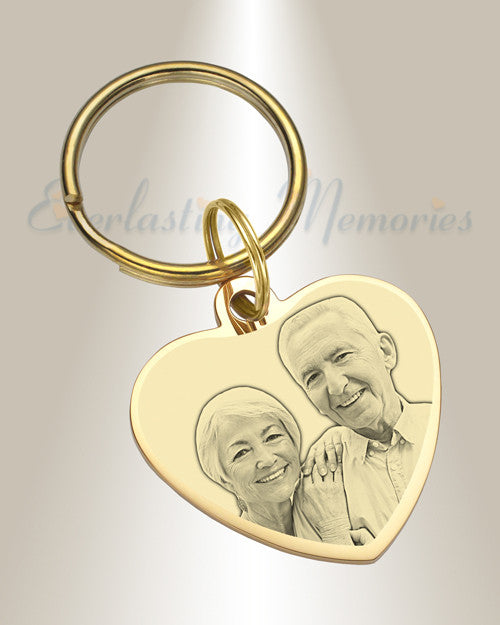 Heart Photo Engraved Keychain Gold Plated over Stainless Keepsake