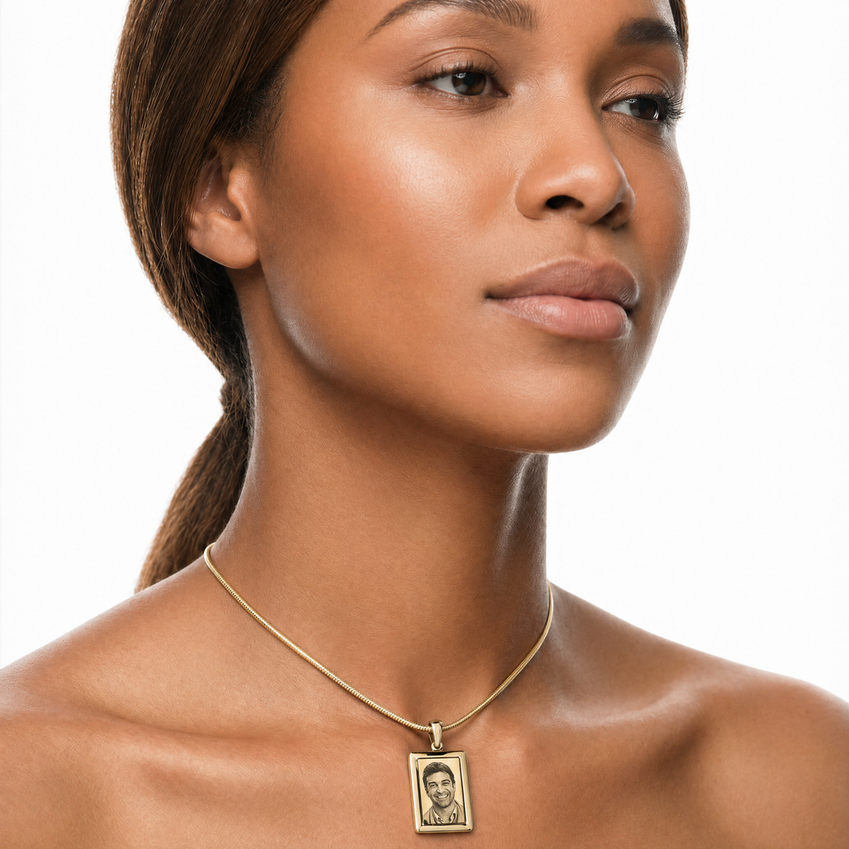 Gold Plated over Stainless Steel Portrait Photo Rectangle Pendant