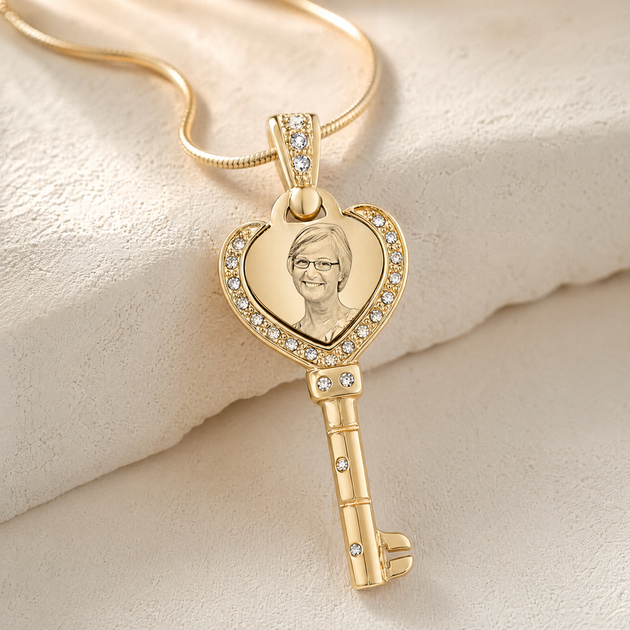 Gold Plated over Stainless Steel Jeweled Heart Key Photo Pendant