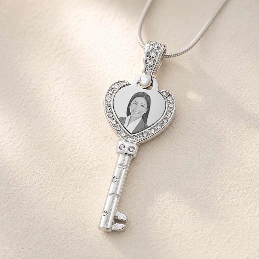 Stainless Steel Jeweled Heart Key Photo Pendant