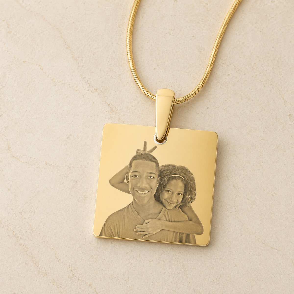 Gold Plated over Stainless Steel Squared Photo Engraved Pendant