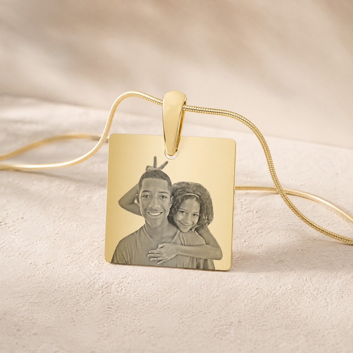 Gold Plated over Stainless Steel Squared Photo Engraved Pendant