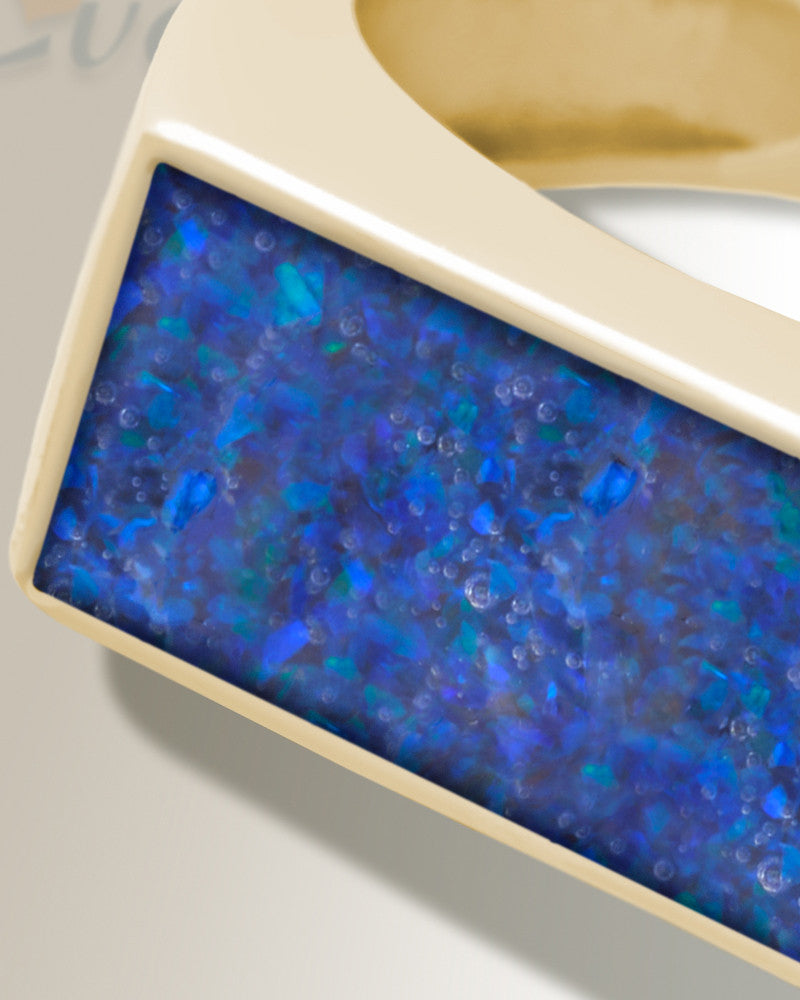 Solid 14K Gold Men's Drexel Ash Ring with Opal Blue Waters