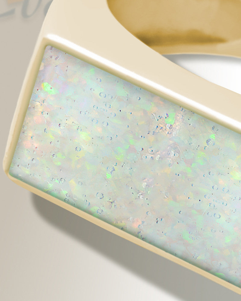 Solid 14K Gold Men's Drexel Ash Ring with Crushed Cream Opal