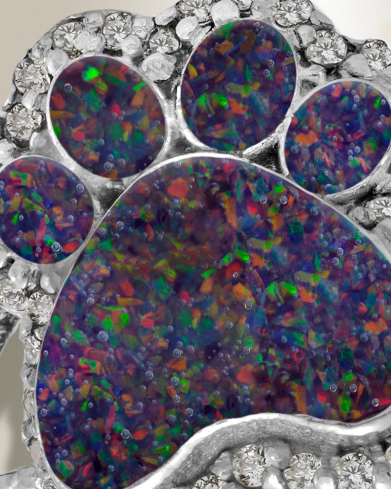 Women's Sterling Silver Paw Print Ash Ring with Black Flame Opal