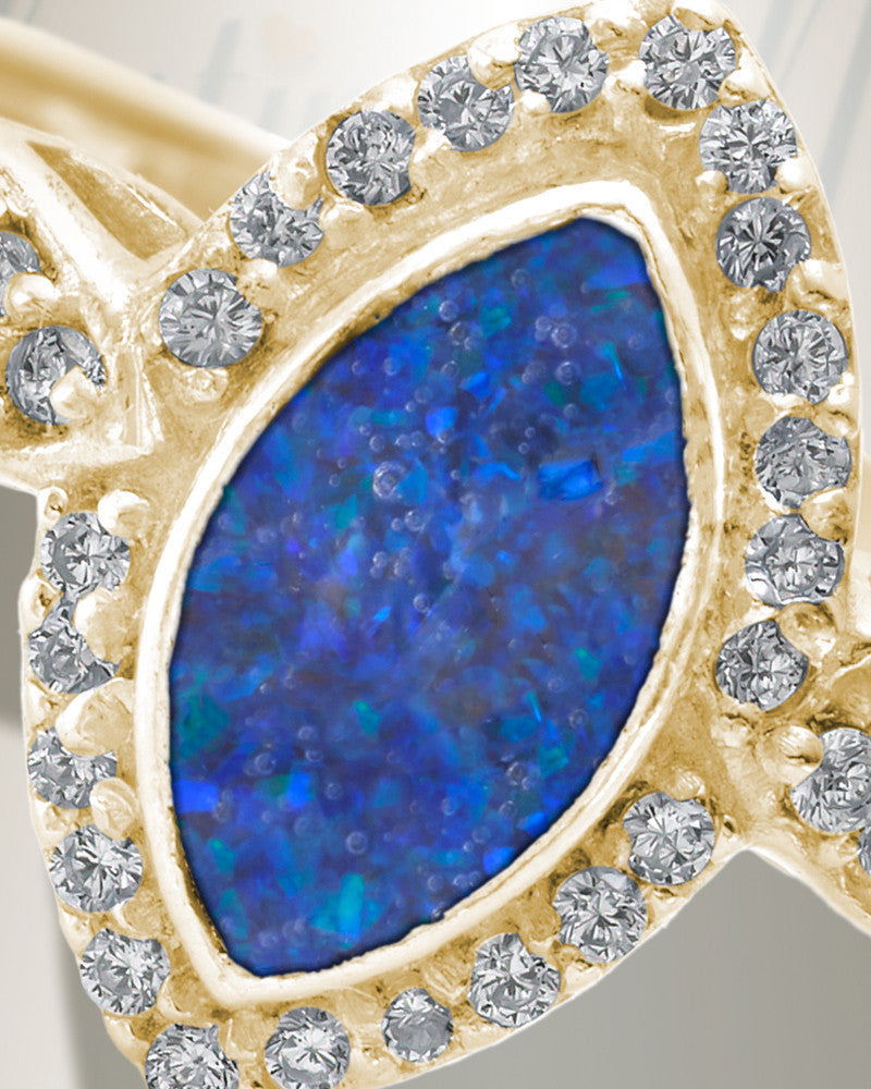 Solid 14K Gold Women's Sanctuary Ash Ring with Opal Blue Waters