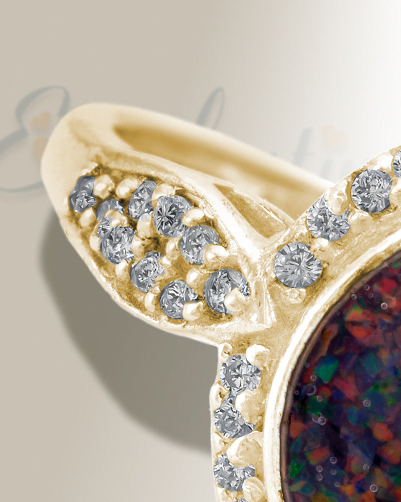 Solid 14K Gold Women's Sanctuary Ash Ring with Black Flame Opal