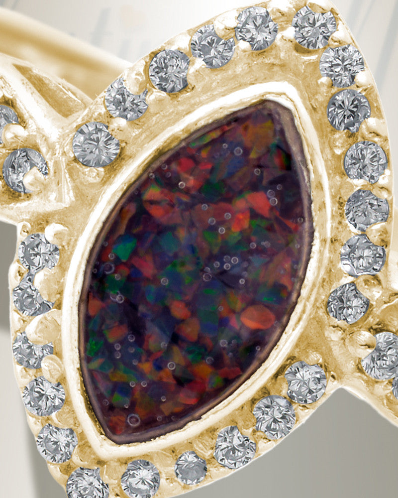 Solid 14K Gold Women's Sanctuary Ash Ring with Black Flame Opal
