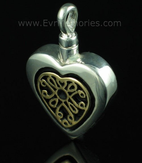 Sterling Silver Heart with 14K Gold Filigree Insert Urn Keepsake