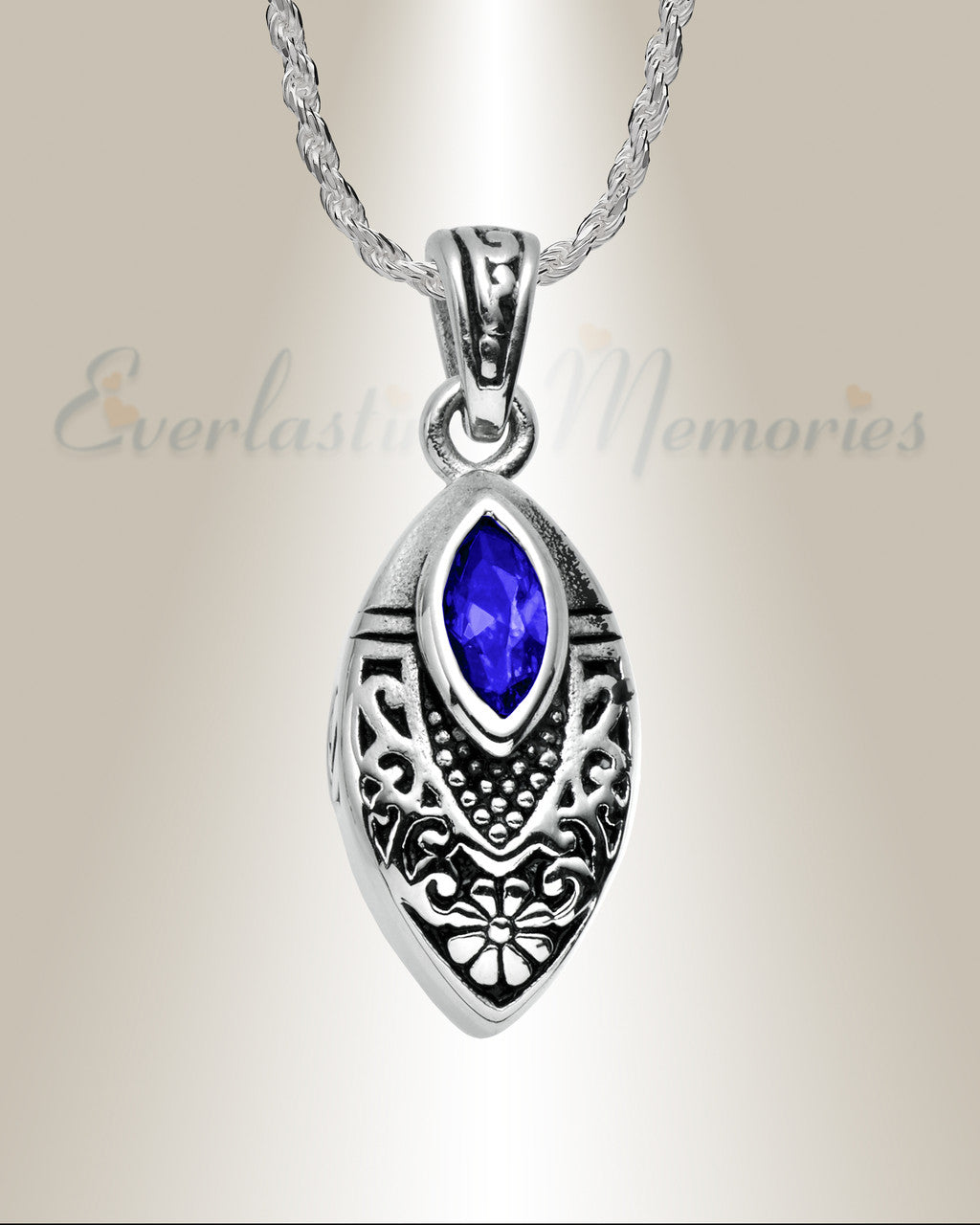 Stainless Steel Ornamental Teardrop with Blue Stone Pendant Keepsake