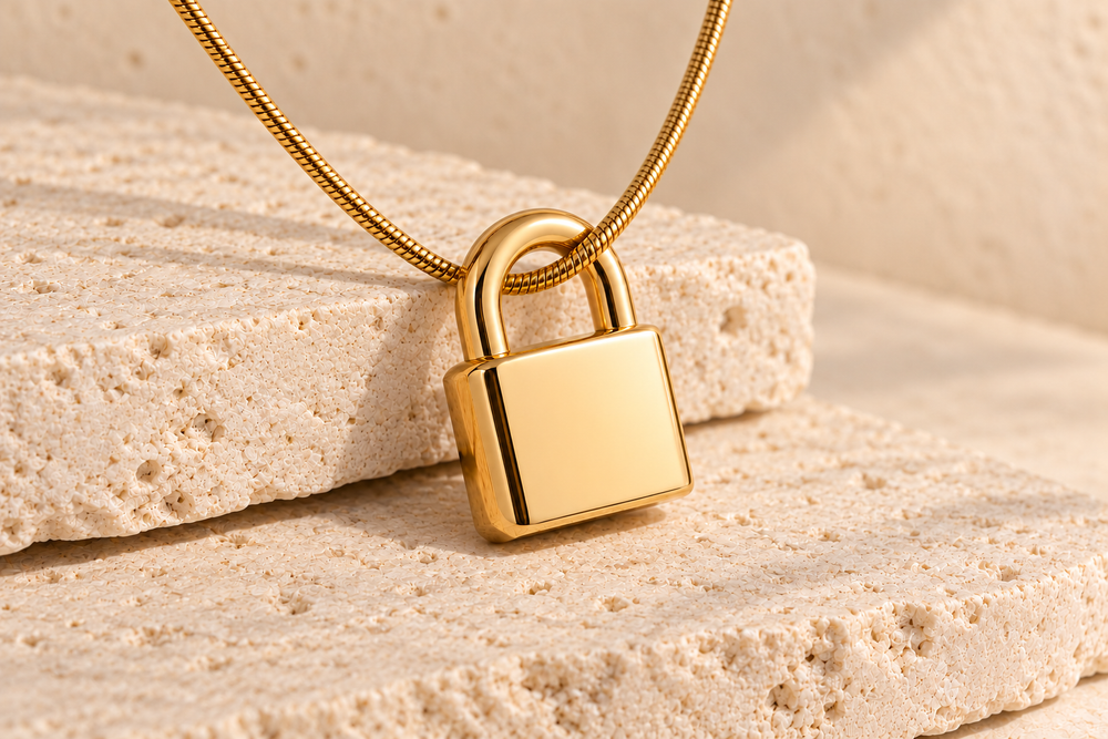 Design concept of a custom 14K gold Forever Sealed padlock, with chain passing under the shackle