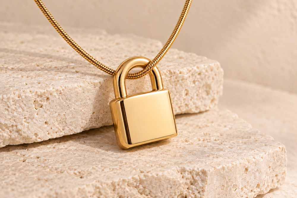 Custom 14k gold Forever Sealed padlock concept with a snake chain threaded from the back beneath the top shackle and out across the front.