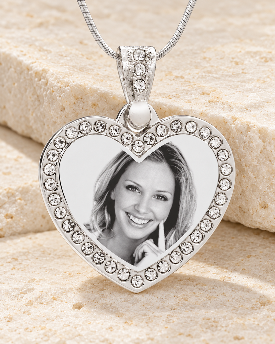 Gem Heart silver photo engraved necklace on cream stone