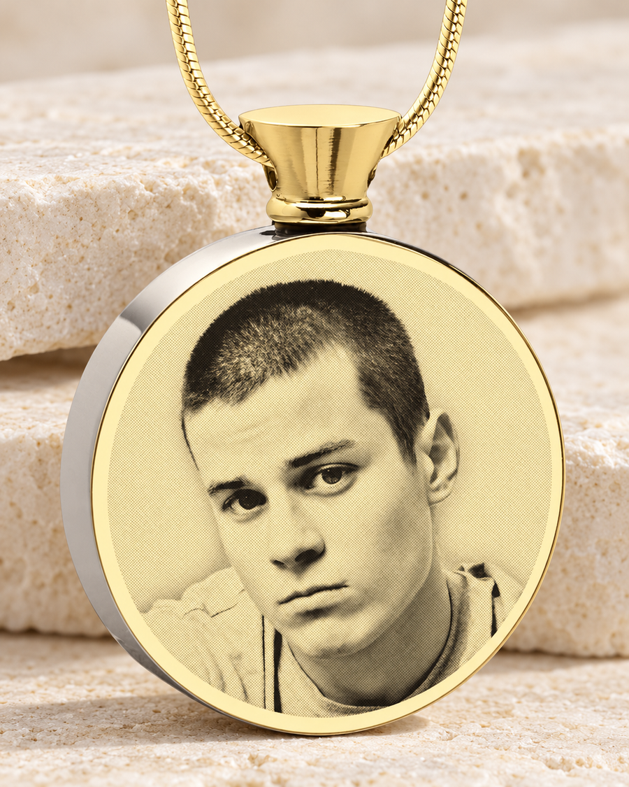 Round Gold Plated Photo Engraved Ash Pendant