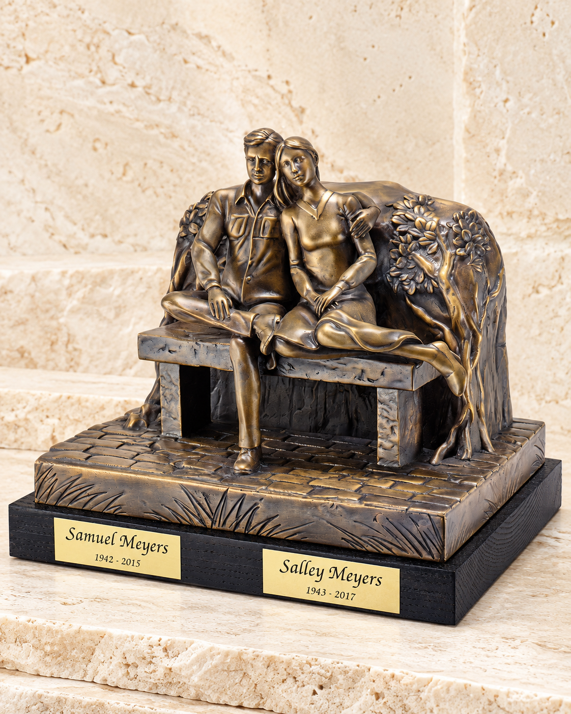 best friends bronze urn on cream stacked stone, portrait product photograph