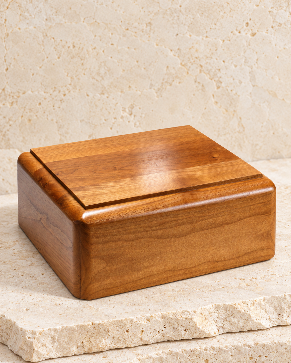 simple cherry cremation urn on cream stacked stone, portrait product photograph