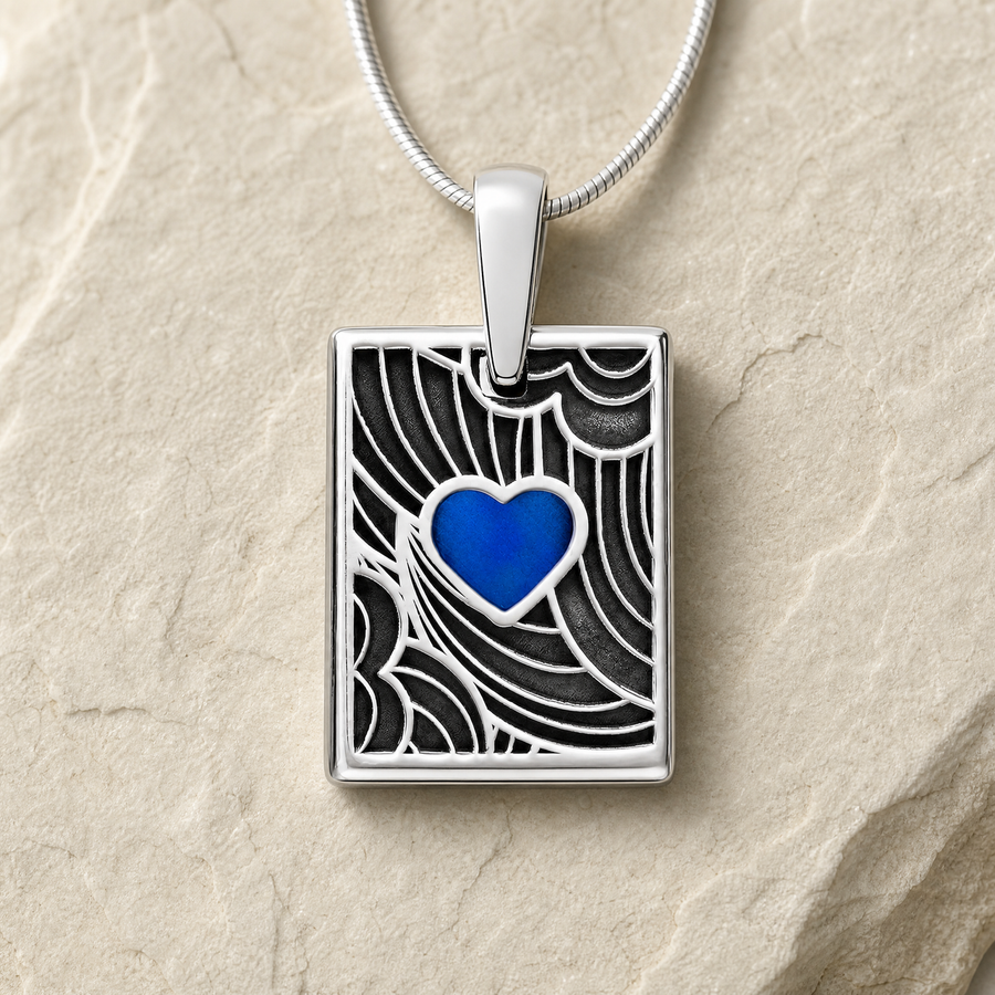 Solid 14K White Gold Azure Heart Rectangular Ash Resin Jewelry