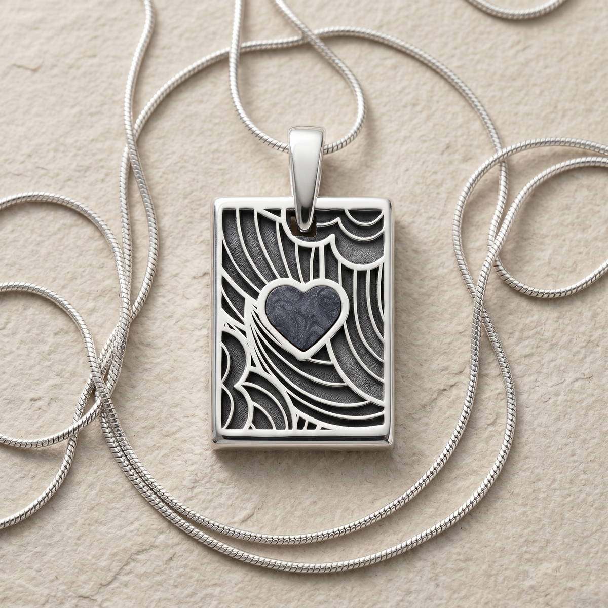 Solid 14K White Gold Slate Heart Rectangular Ash Resin Jewelry
