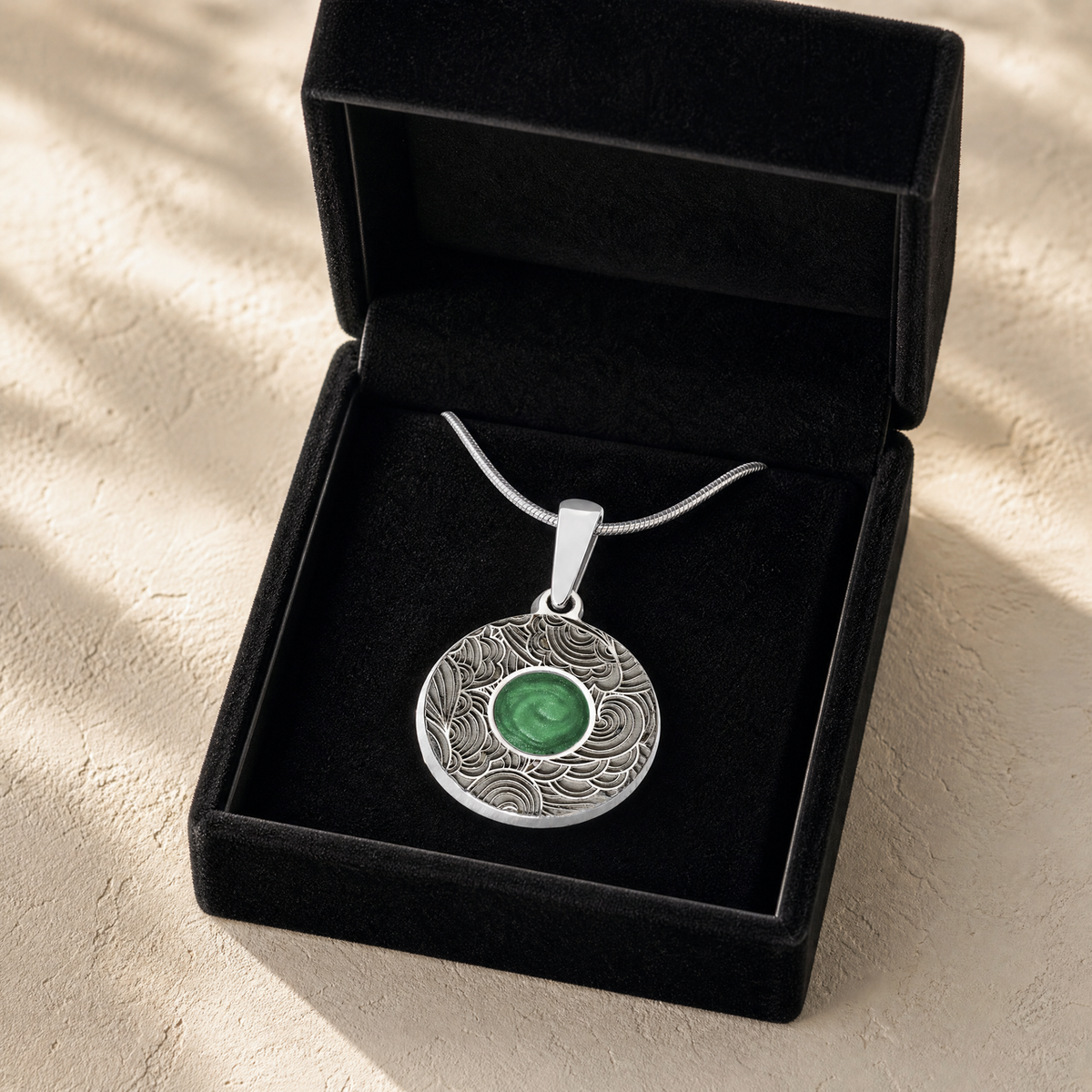 Solid 14K White Gold Knowing Round with Seafoam Ash Resin Jewelry
