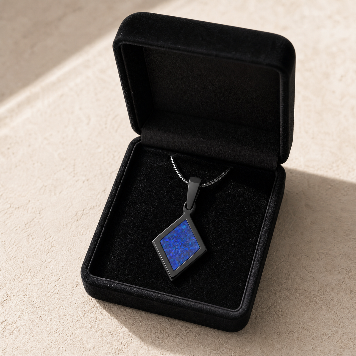 Modest Diamond Black Finish with Opal Blue Water Ash Resin Jewelry