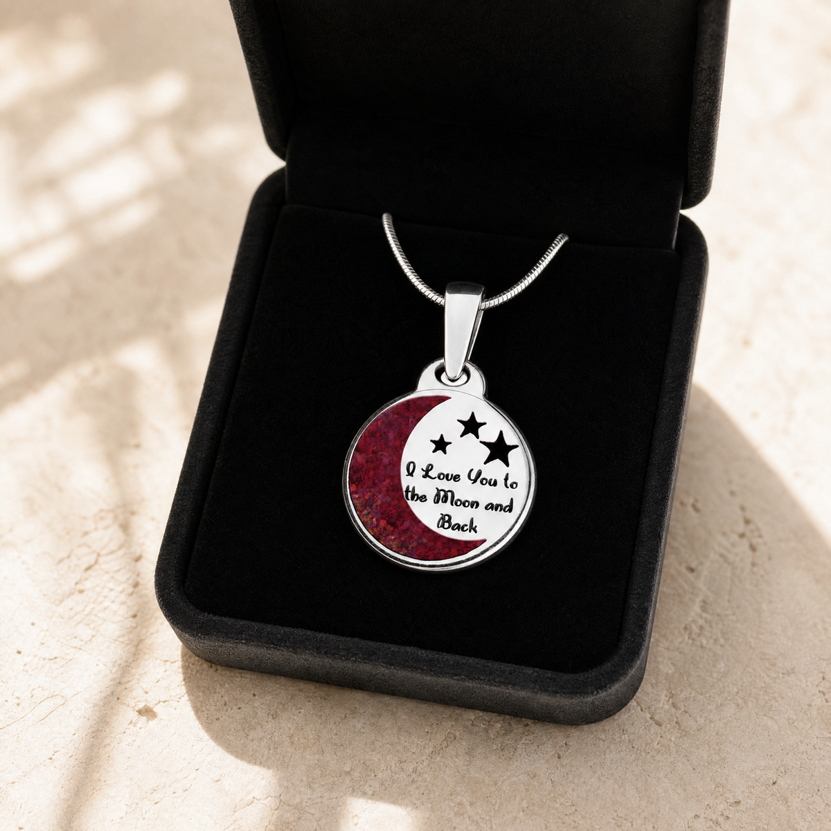 Love You To The Moon Sterling Silver with Scarlet Pearl Opal Ash Resin Jewelry