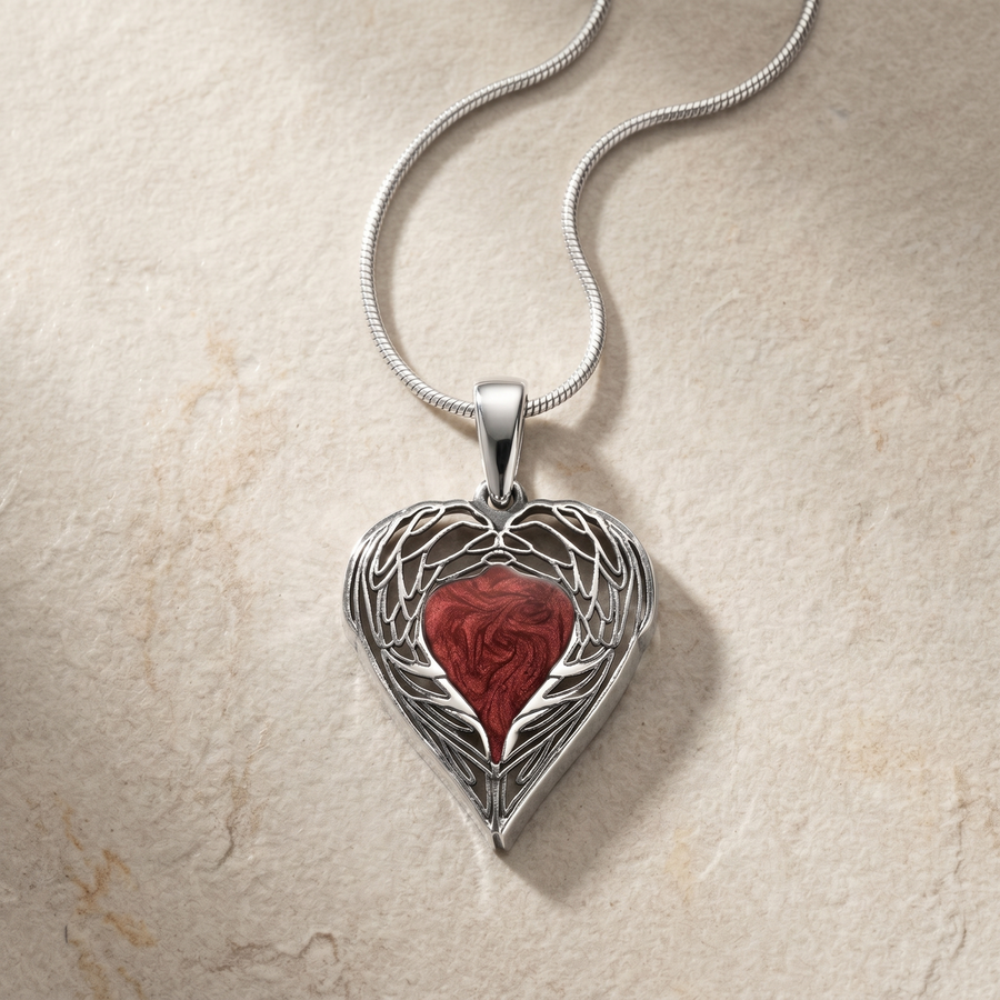 Solid 14K White Gold Paradise Heart with Crimson Ash Resin Jewelry