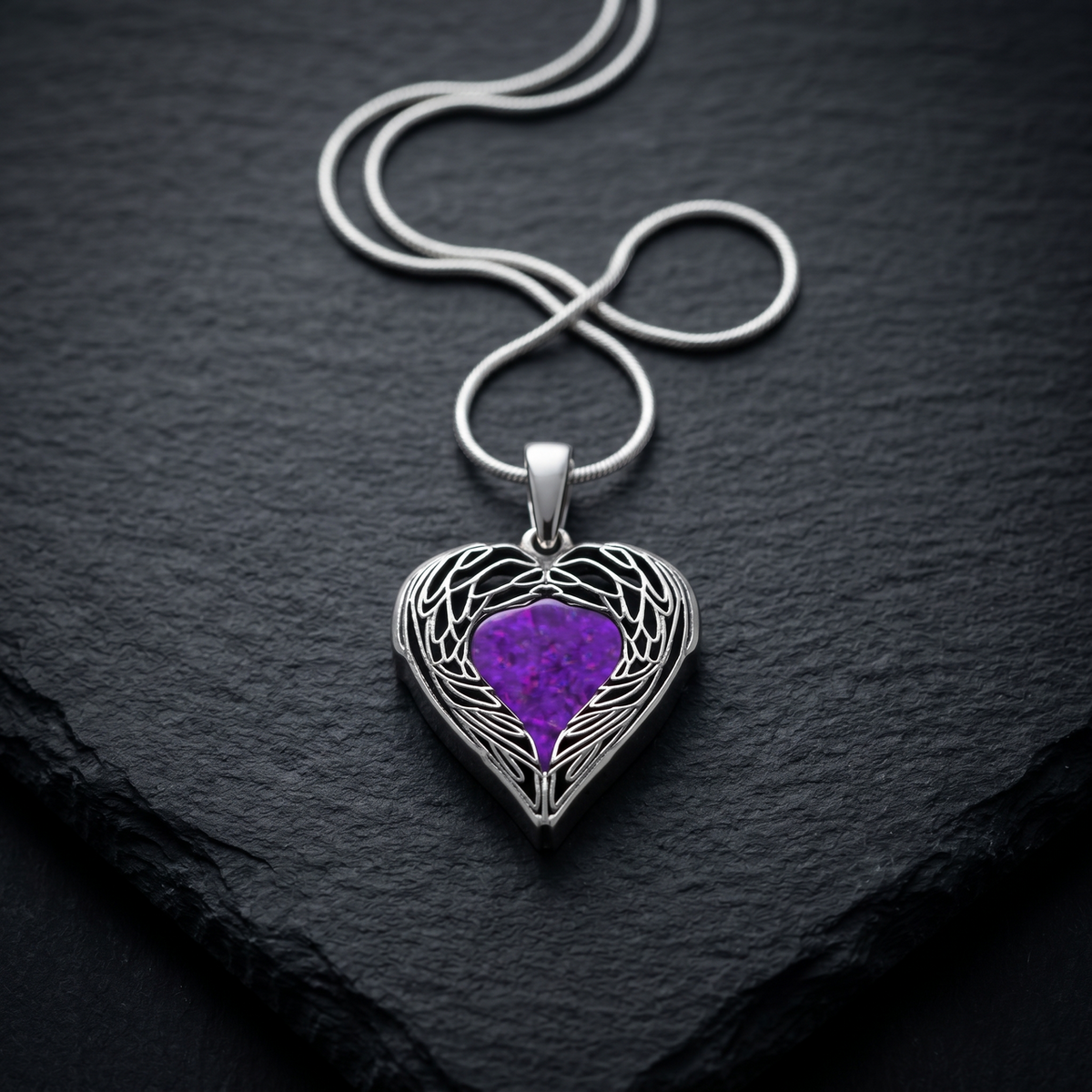 Solid 14K White Gold Paradise Heart with Lilac Pearl Opal Ash Resin Jewelry
