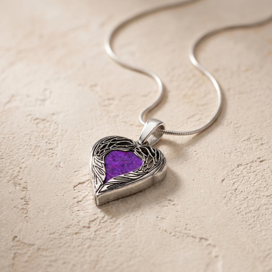Solid 14K White Gold Paradise Heart with Lilac Pearl Opal Ash Resin Jewelry
