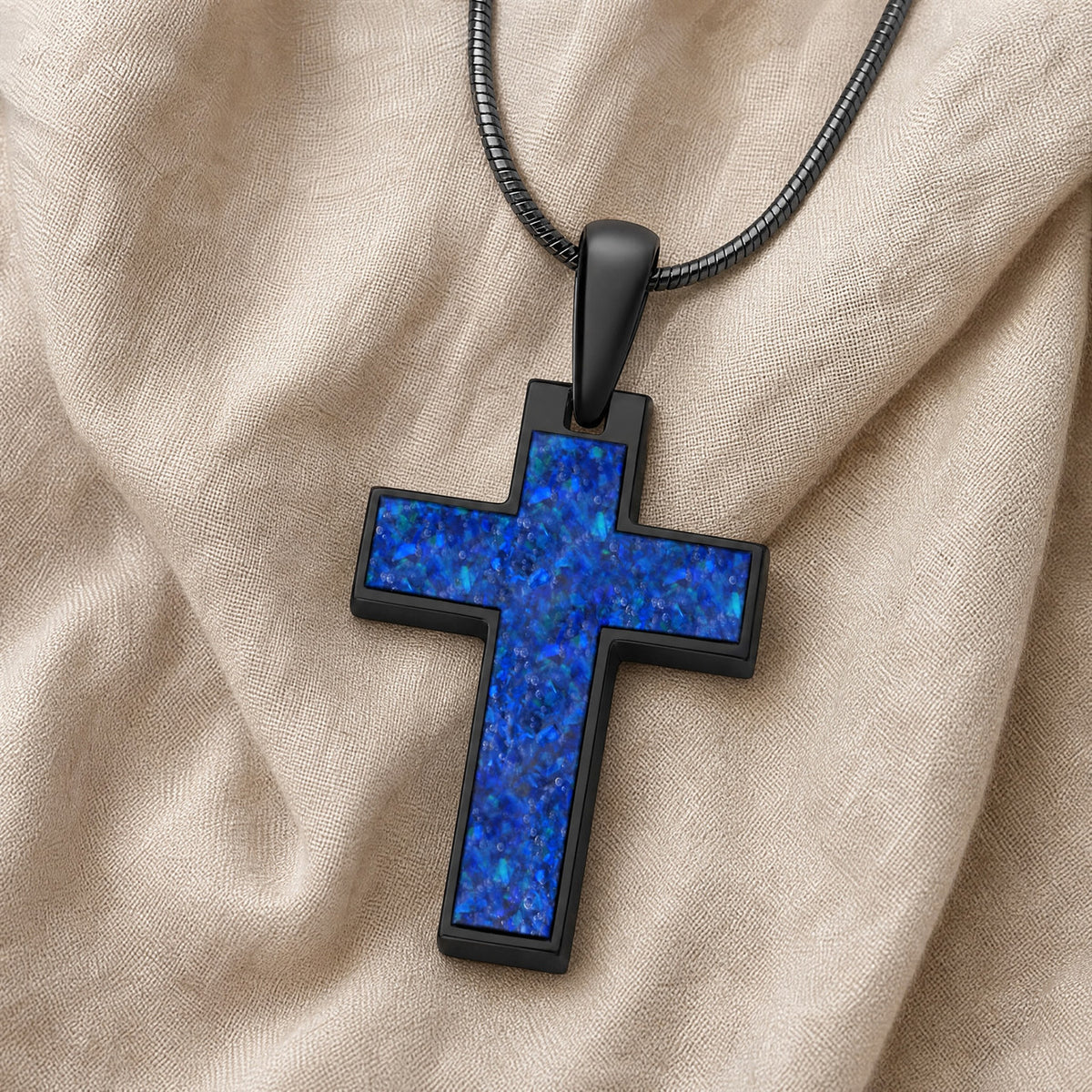 Cultured Cross Black Finish with Opal Blue Waters Ash Resin Jewelry