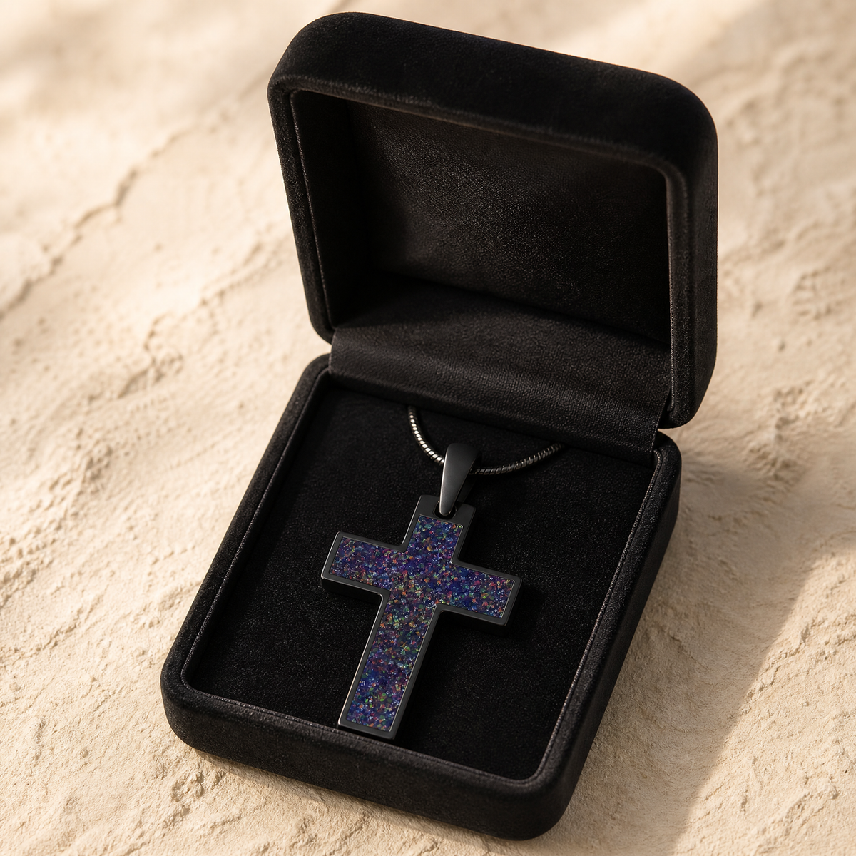 Cultured Cross Black Finish with Black Flame Opal Ash Resin Jewelry