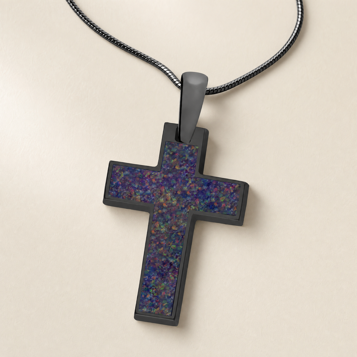Cultured Cross Black Finish with Black Flame Opal Ash Resin Jewelry