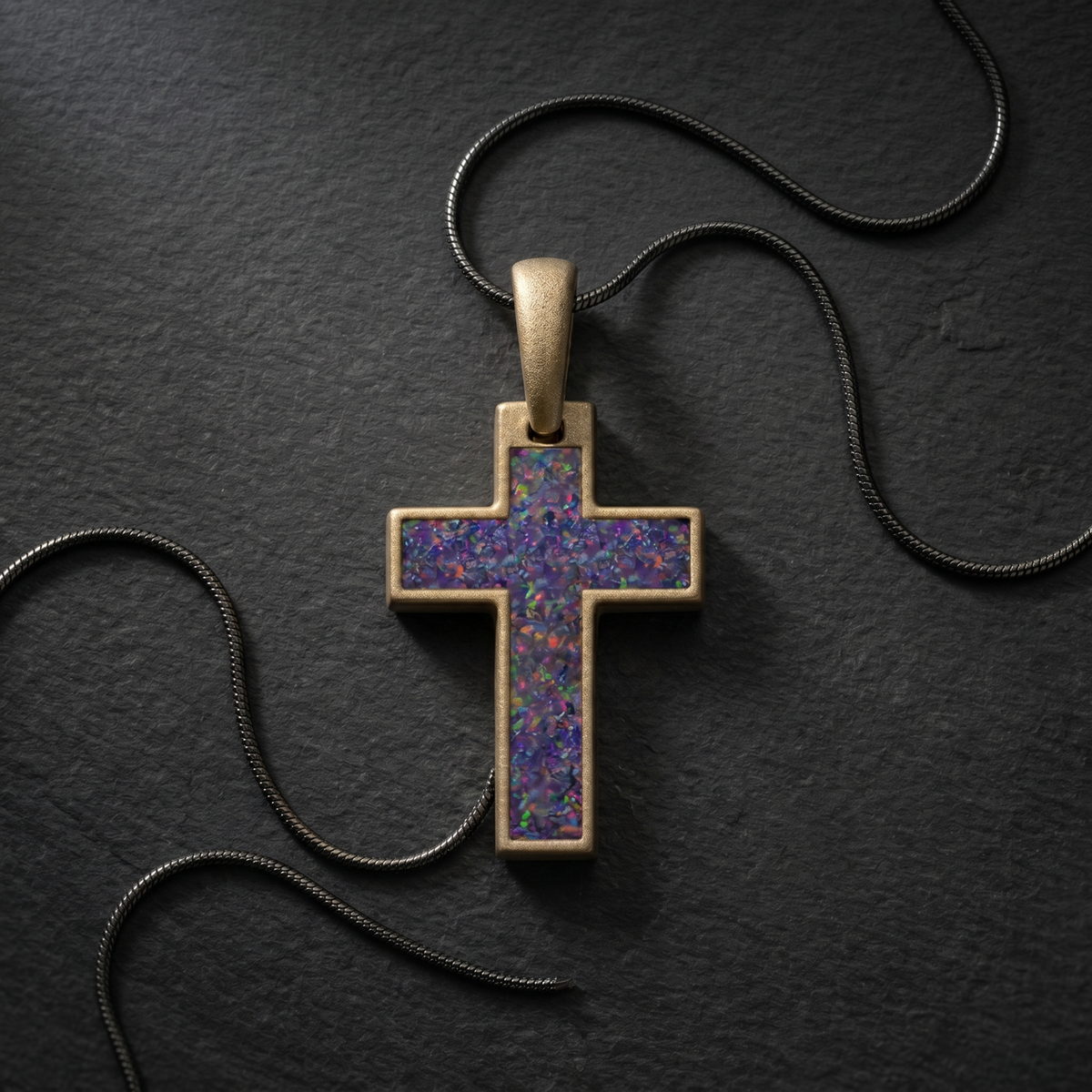 Cultured Cross Bronze Finish with Black Flame Opal Ash Resin Jewelry
