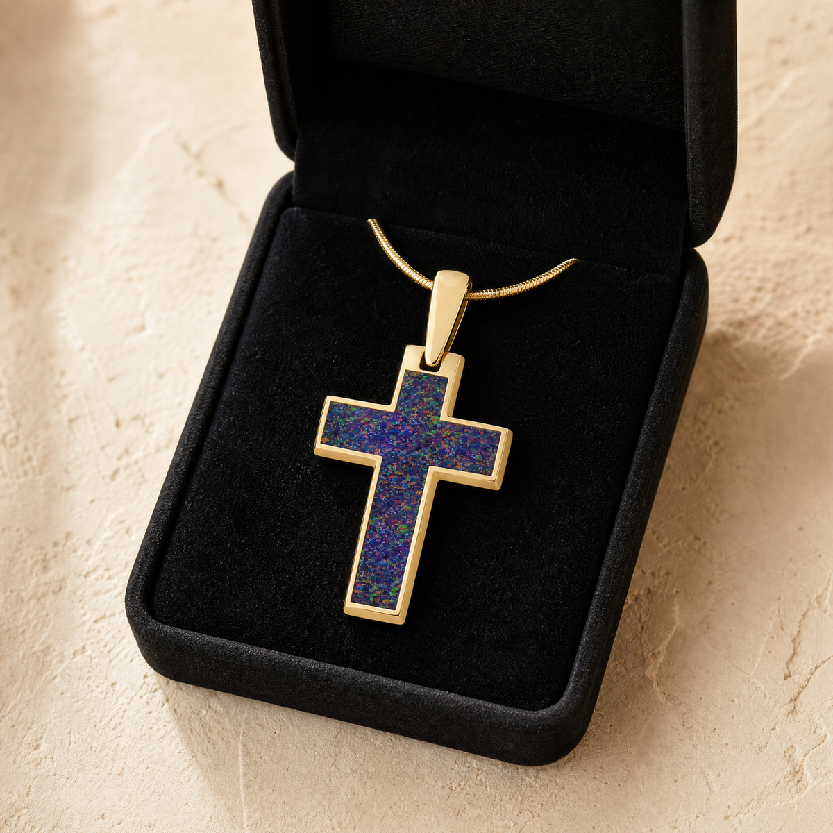 Cultured Cross Gold Plated with Black Flame Opal Ash Resin Jewelry